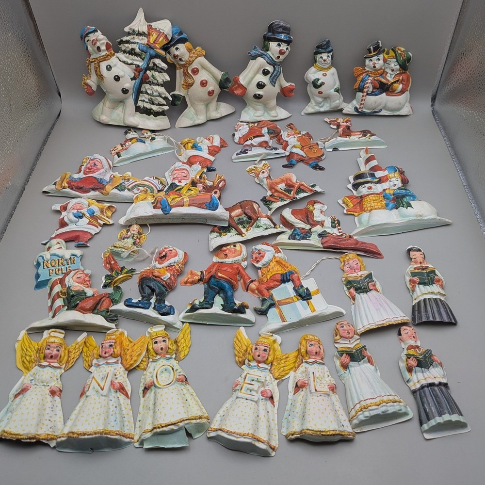 Vtg Christmas Ornaments Lot 1960s Vacuform Plastic Noel Angel & Spode Tree Tin